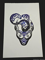 Unframed indigenous-style print with black and blue traditional motifs on white background, vertical orientation