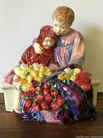 Front view of Royal Doulton figurine showing two children and colorful flower baskets on a white bench.