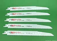 Five ToolTech Xpert 9" x 6 T.P.I reciprocating saw blades on a white surface, showing front side with branding and specifications.