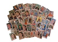 Overhead view of loose hockey cards arranged on surface