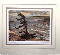 Close-up of the "Stormy Weather" signed print showing detailed landscape with stormy sea, windswept tree, and cloudy sky, signed and titled on border.