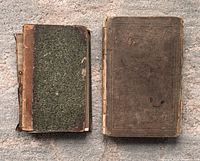 Two books viewed from front showing worn condition and binding damage.