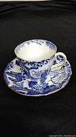 Photo of Royal Crown Derby Mikado white porcelain teacup with detailed blue Asian-style patterns and gold trim on the rim and handle, placed on matching saucer.