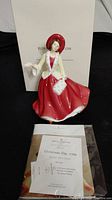 Royal Doulton Petites figurine with original box and certificates, showing front view of the figure with red skirt and cream jacket, handbag, and hat.