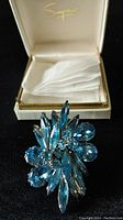 Brooch inside box showing the floral cluster design of various shapes of ice blue rhinestones.