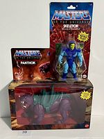 Front view of Skeletor carded figure and Panthor boxed figure showing factory sealed packaging and character artwork.