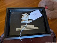 Shadowbox with clay pipe bust of Theodore Roosevelt in profile with display label.