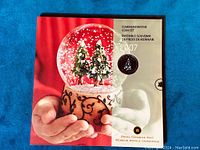 Front of product packaging showing hands holding a snow globe with Christmas trees inside and information about the commemorative 2007 coin set.