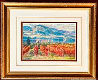 Frontal photo of the framed original watercolor painting showing vineyard, mountains, and sky scene in a gold decorative frame.