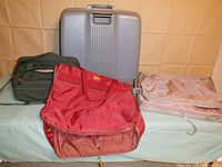 All four items displayed: blue hard-shell suitcase, green duffle, red and lavender garment bags, arranged on surface with tan backdrop.