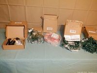 Full view of all light sets and extension cord laid out on table, showing boxes and coiled lights