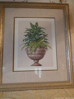 Full view of the framed potted fern botanical picture showing taupe double mat and gold frame