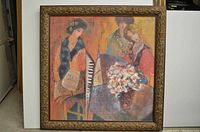 Front view of the large print depicting three women seated at a table with flowers and a keyboard, showing colors and composition.