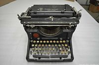 Front view of vintage Underwood typewriter showing keyboard and space bar condition.