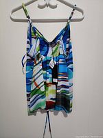 Front view of multi-colored striped sleeveless top on white hanger against white wall