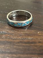Sterling silver band ring with turquoise inlay on wooden surface displaying turquoise triangle pattern.