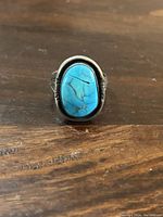 Front view of sterling silver ring with oval turquoise stone on wooden surface.