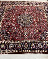 Full view of red field Persian rug with central medallion and blue border