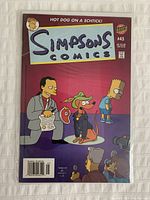 Cover photo showing Simpsons Comics issue #45 with Bart Simpson, a man in a suit, and a dog character.