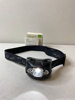 Front view of black motion sensor headlamp turned on, showing central LED and adjustable strap with LITOM branding. Original box visible in background.