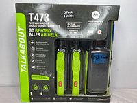 Front of original box showing 3-pack radios, features, and warranty information