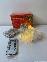 Photo showing the box labeled Multi Function Christmas Light, LED string lights with Christmas tree shaped covers, and clear battery pack.