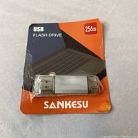 Full view of Sankesu 256GB USB flash drive in sealed blister pack with laptop image and brand name on card backing.