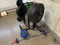 Overall view showing rack stand loaded with York plates, curl bar and loose Weider plates.