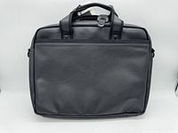Front view of black leather Bugatti briefcase laptop bag with handles and zippered front pocket.