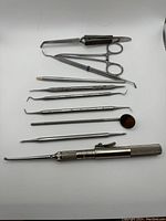 Full overview of 9 dental hand tools arranged in a line on white background showing various dental instruments including mirror, tweezers, and scalers.
