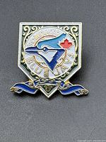 Front of the Toronto Blue Jays vintage pinback showing the detailed design of the blue jay logo and 1985 year.