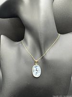 Full view of pendant on display bust showing chain drape