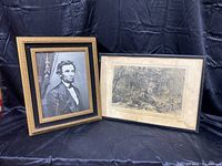 Two framed pieces shown together on dark cloth backdrop: Abraham Lincoln portrait and Union Army print.