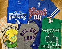Photo showing six sporty women's t-shirts including Los Angeles Dodgers, New York Giants, Philadelphia Eagles tank top, Irish Pub shamrock, Believe Land, and Grateful Dead designs mostly in size large.