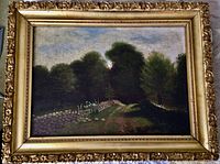 Frontal view of the oil painting showing a country road with stone fences, trees, and an ornate gold frame.