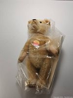Full view of the Steiff Anno teddy bear in original plastic packaging, showing the yellow Steiff tag on the bear's ear and chest sticker.