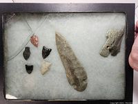 Close-up photo of the Native American artifacts arranged in a display case with felt backing.