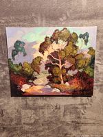 Front view of the signed oil painting depicting a colorful landscape with trees, hills and cloudy sky.