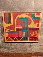 Full frontal view of the framed abstract oil painting showing composition and frame condition