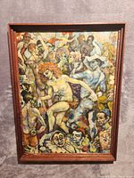 Frontal view of signed oil painting depicting a crowd scene with many figures, some nude, in vibrant colors and dynamic composition.