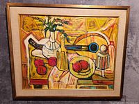 Front view of framed oil painting featuring abstract still life composition in warm palette