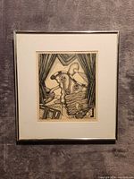 Frontal image of the framed abstract drawing showing the detailed geometric shapes and humanoid figure.