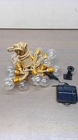 Photo of coiled string lights with round clear bulbs and gold-tone bases on natural rope string, solar panel, and mounting accessories