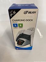 Front view of BEJOY Charging Dock for PS5 Controllers box showing fast charging and charging indicator features.