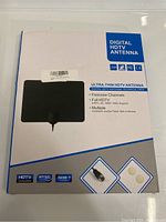 Photo of the front of the antenna packaging displaying product details and features