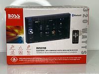 Box front showing image of Boss BV9370B car audio system with touchscreen and remote control, highlighting Bluetooth and key features labeled on the box.