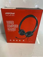 Box front showing MPOW Wired Computer Headset with product image and branding.