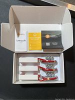 Open box showing three white battery packs with red clips and batteries inside, warranty and instruction cards.