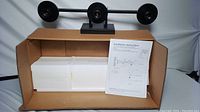 Black 3-light vanity fixture with installation instructions in cardboard box