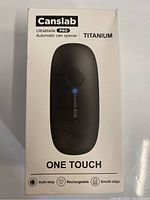 Box front showing Canslab Ultrabladed PRO Titanium automatic can opener with one touch and feature icons auto stop, rechargeable, smooth edge
